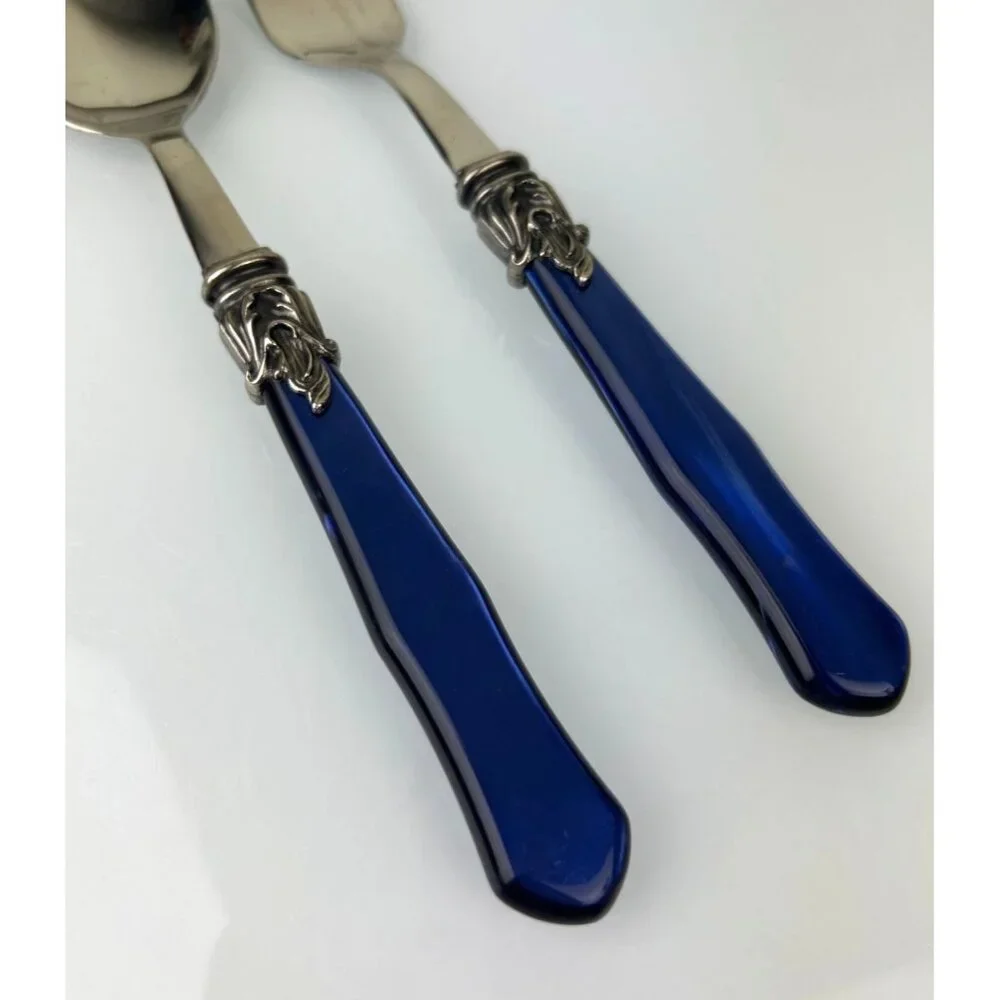INOX Napoleon 18/10 Made in Italy Blue Stainless Steel Serving Spoon & Fork 9.5